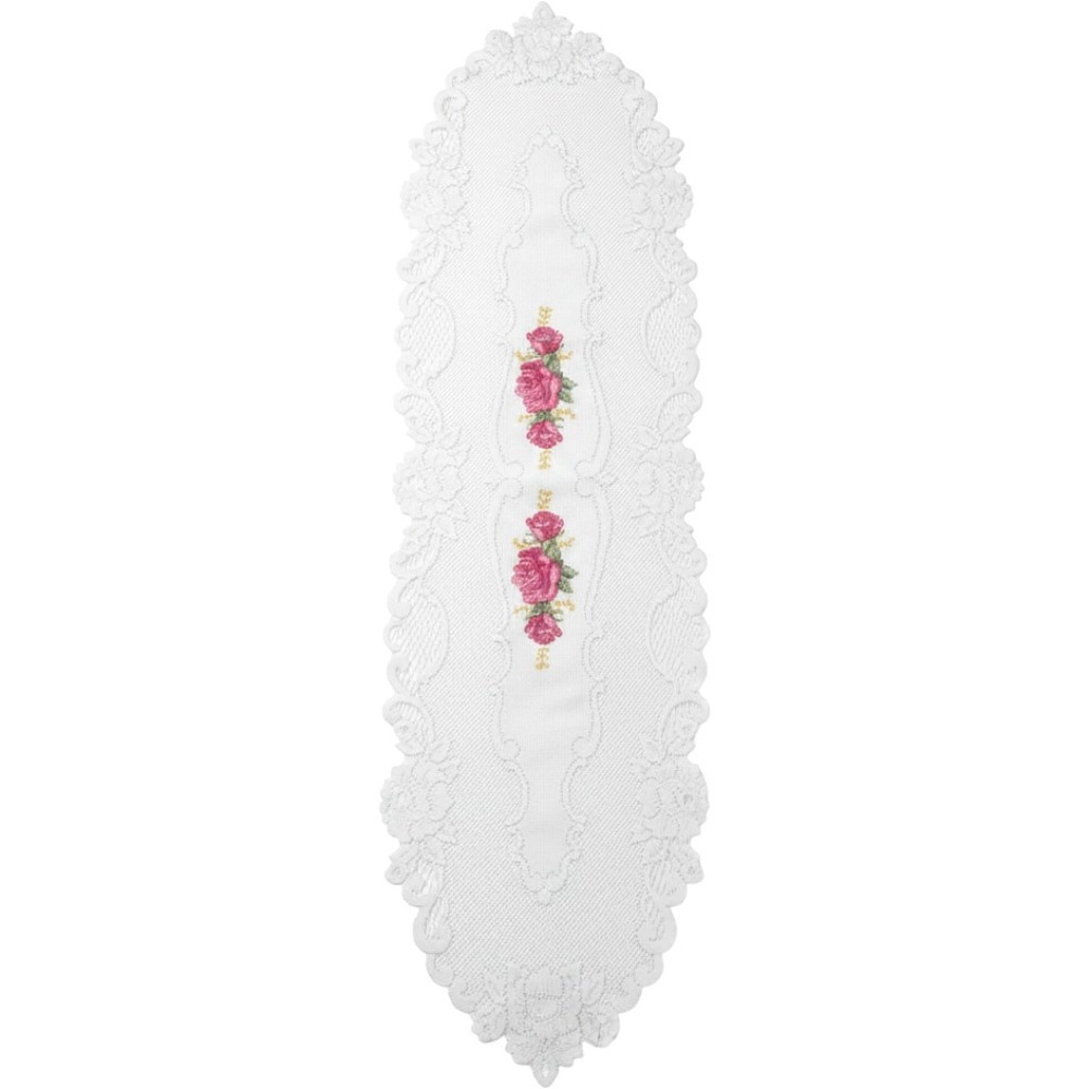 Vintage White Lace Table Runner Pink Rose Cross Stitch Floral Scalloped 46x16
